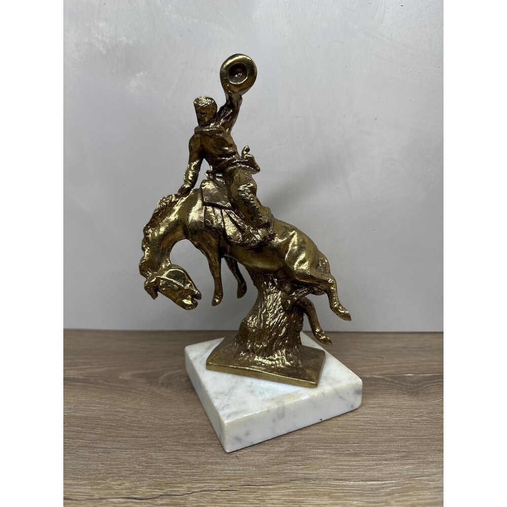 Vintage Brass Plated Bronze Bronco Buster Cowboy Statue, Marble Base Paul Herzel